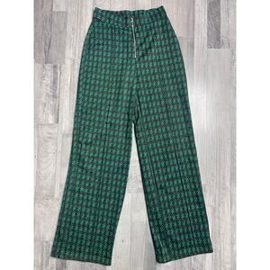 ZARA High Waist Wide Leg Pants Women S Green Chevron Print Front Zip Trousers